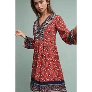 Anthro Akemi + Kin Sierra Embroidered Orange Motif 3/4 Sleeve Shift Dress Sz S